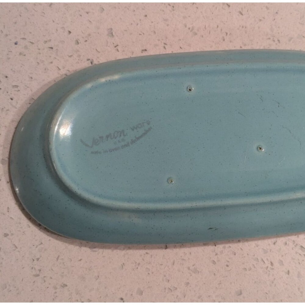 Vernon Ware Aqua Speckled Pottery Butter Dish MCM no lid 8" X 4" - Picture 4 of 9